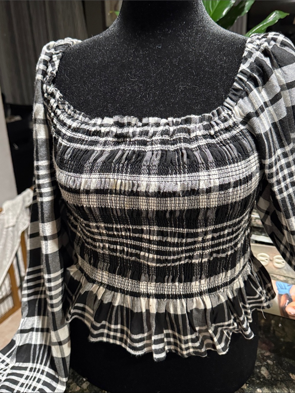 Fashion Nova Black & White Plaid Smocked Peplum Blouse